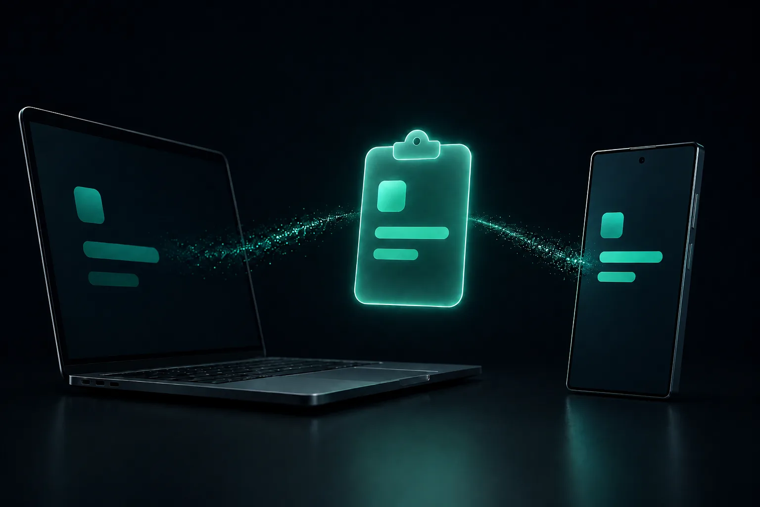 A dark laptop and an Android phone on a dark surface, with a glowing mint clipboard card floating between them