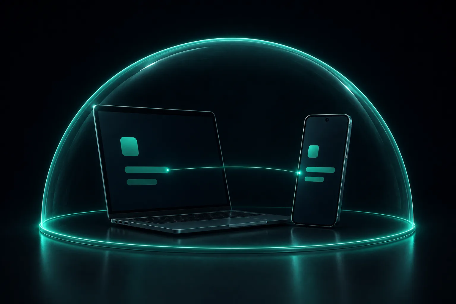 A laptop and an Android phone enclosed together under a translucent mint glass dome